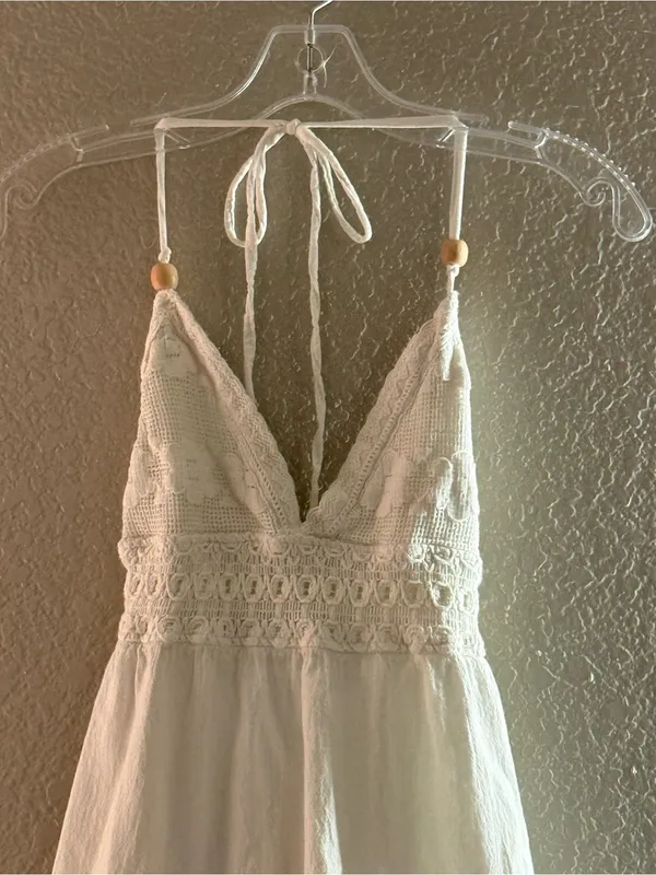 Off White Crochet Halter Beaded Tie Back Boho Tiered Mini Dress Tunic - Image 5