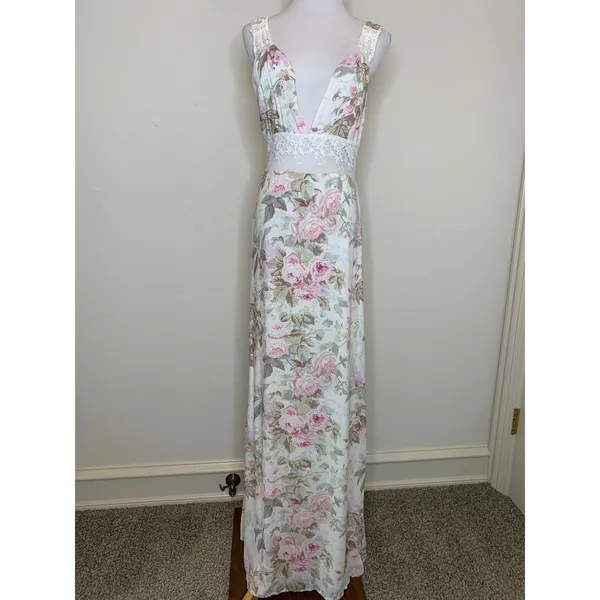 Majorelle Floral Romantic Maxi Dress Bridal Fairy Sz Medium Cream Pink Green - Image 3