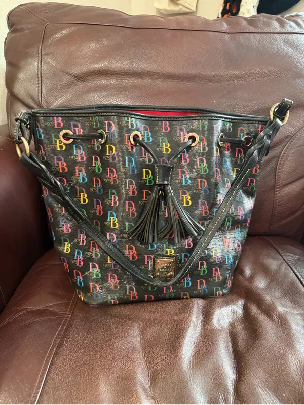 Dooney & Bourke Black Multicolor DB Logo Drawstring Shoulder Bag - Image 2