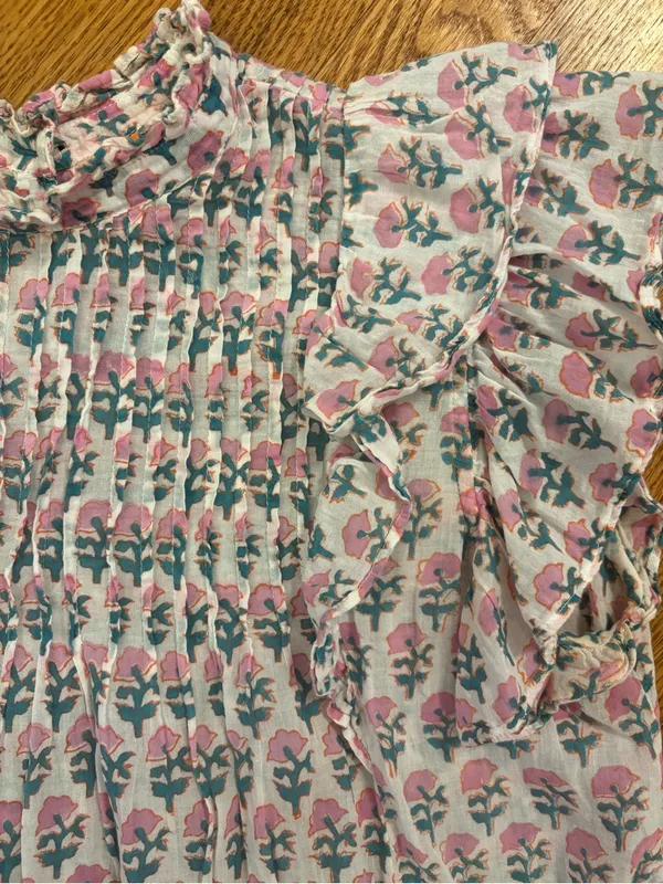 Oliphant Floral Smocked Ruffle Blouse Pink Teal Cottagecore Boho Top | S - Image 3