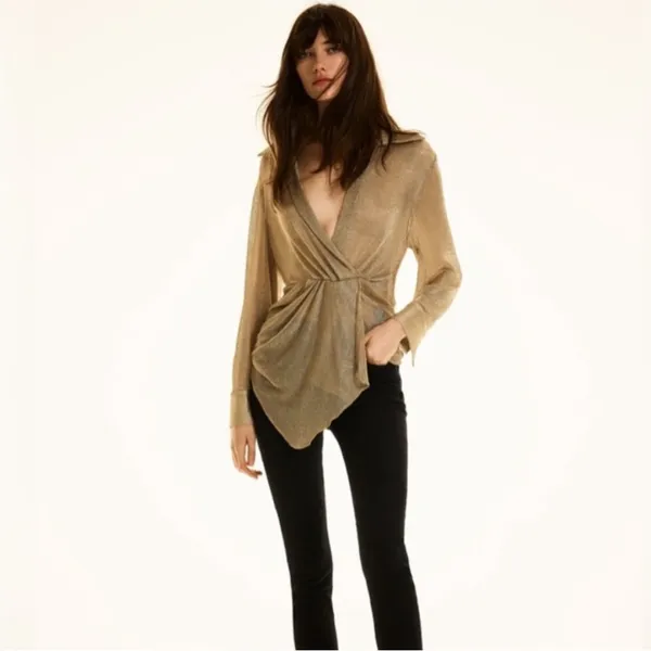 Zara NWT gold metallic knit ruched long sleeve blouse top semi sheer - Image 6