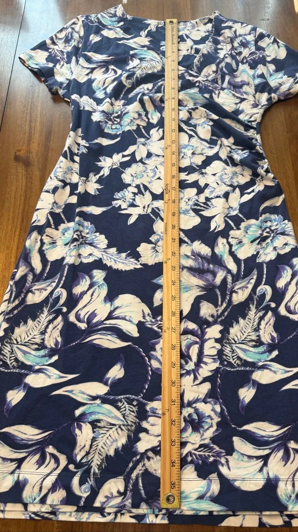 Soft Surroundings Blue Floral Faux Wrap Dress Size PS Ruched Short Sleeve Knit - Image 6