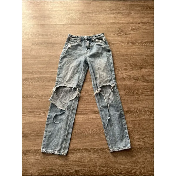 And Now This Distressed Mom Straight Leg Jeans Womens 24 Light Acid Wash Ripped - Image 2