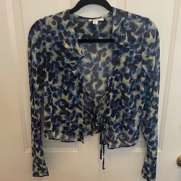 Topshop Blue Green Leopard Print Sheer Ruffle Tie Front Blouse US 2 - Image 2