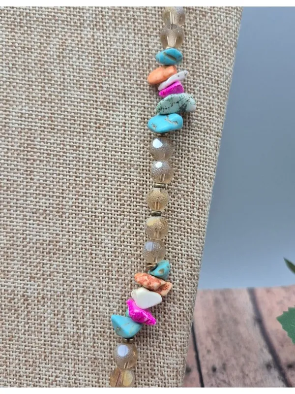 Handmade Bohemian Style Beaded Necklace Colorful Stone & Brown Leather Tassel Pendant 32" - Image 6