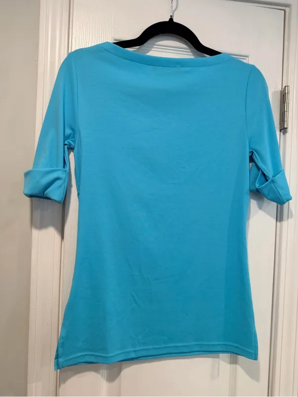 NWOT LRL Lauren Ralph Lauren Size S Blue Boat Neck Cuffed Sleeve Top Cotton - Image 9