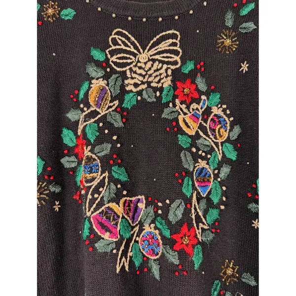 Arriviste Womens Black Embroidered Wreath Beaded Ugly Christmas‎ Sweater Small - Image 3