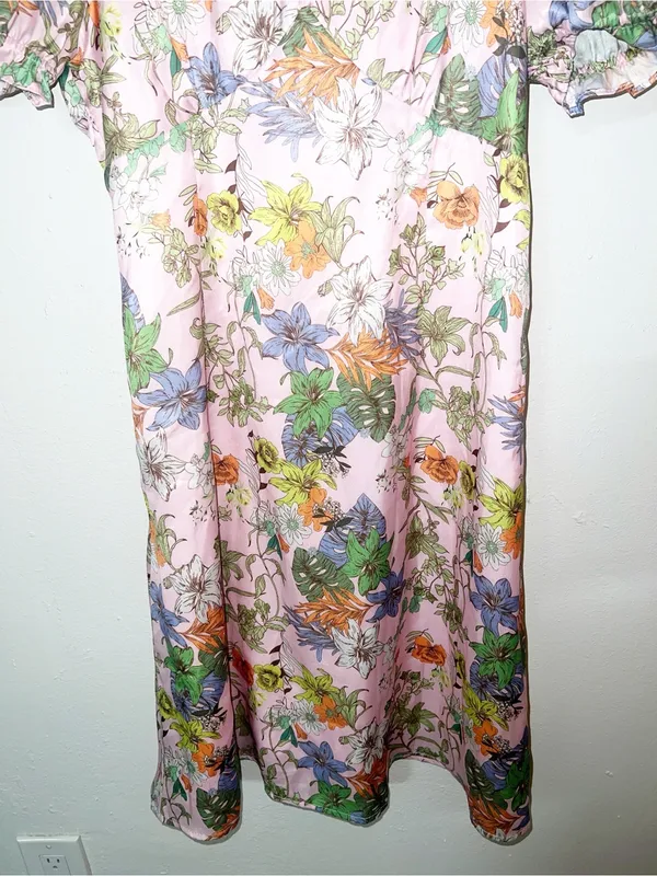 FOF Pink Floral Puff-Sleeve Short Sleeve Midi Summer Dress New - Image 3