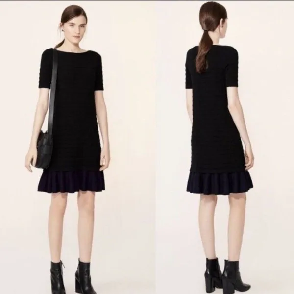 Tory Burch -715 Giselle Textured Merino‎ Wool Sweater Dress Black Ruffle Hem XS - Image 2