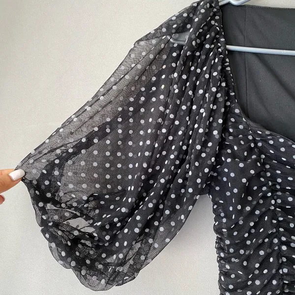 ZARA Polka Dot Ruched Mini Dress M Black‎ - Image 4