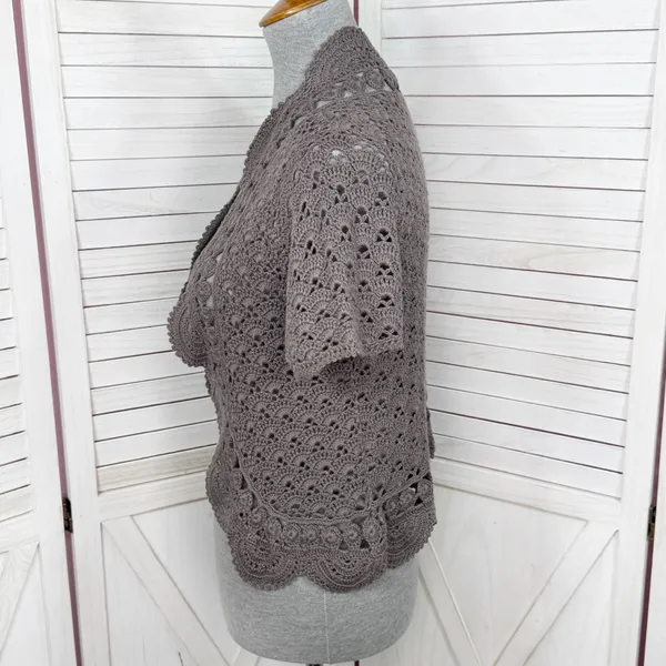 Willi Smith‎ Boho Cottage Crochet Cardigan Shrug Sweater Taupe Medium - Image 2