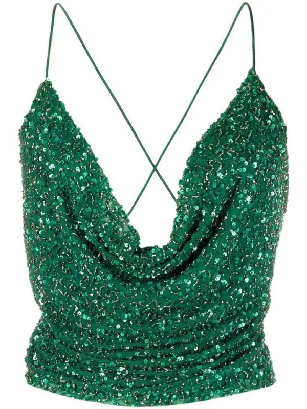 Retrofête Michal Sequin Top Size Large Emerald Green Cowl Neck Club Night Out - Image 2