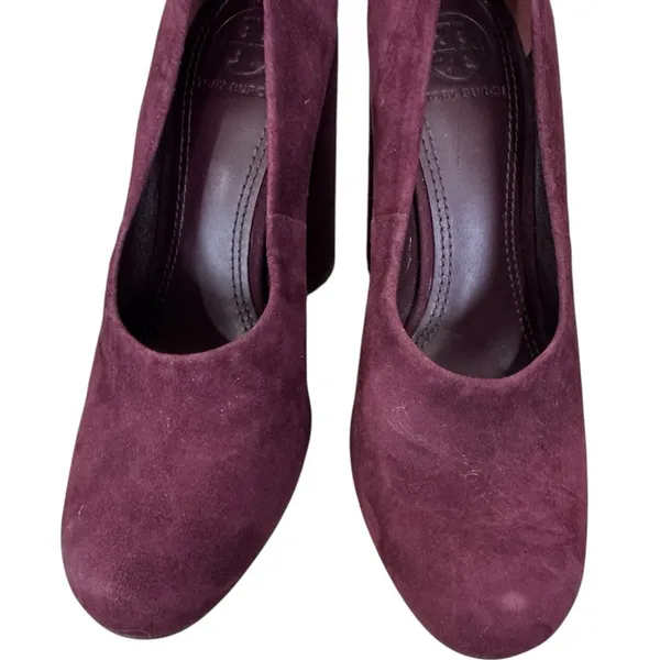 Tory Burch Lucia Pumps Women's 6.5 Burgundy Purple Fig Suede Sculpted Heel - Image 9
