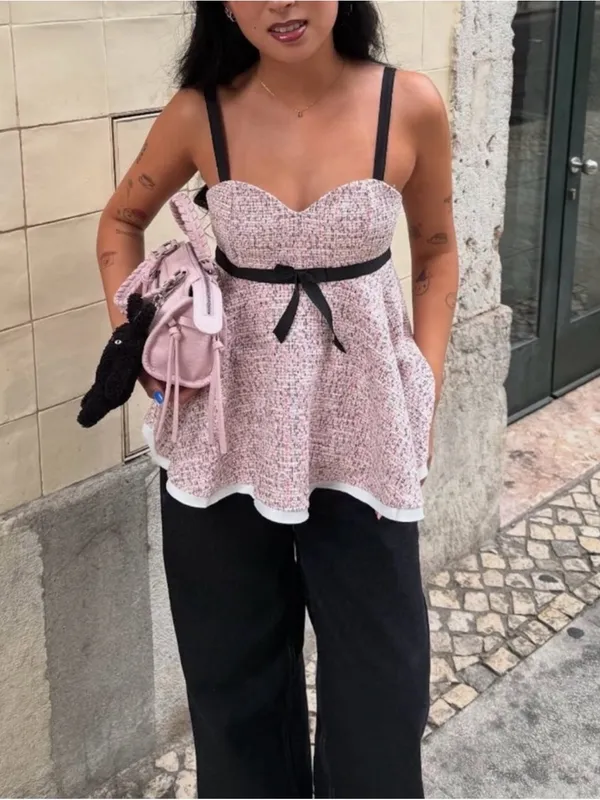 Zara Pink Tweed Sweetheart Camisole with Black Straps - Image 2