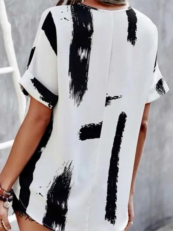 SheIn Abstract Brushstroke White & Black V-Neck Blouse - Image 2