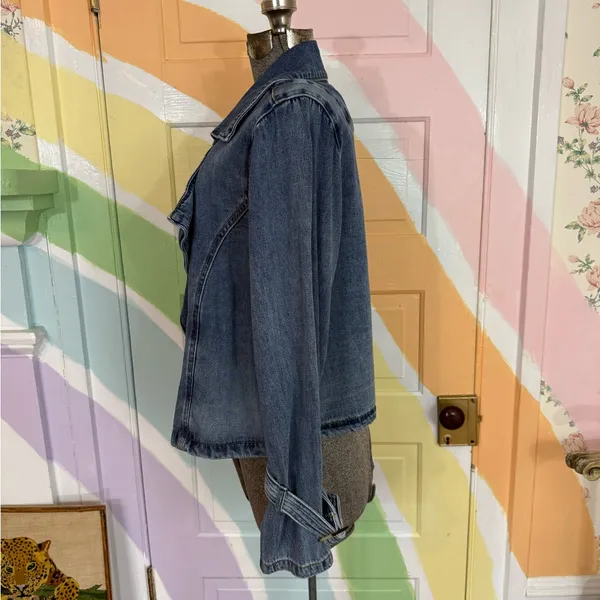 Habitual Wide Draped Lapel Denim Jacket Buckle Cuffs Medium Wash Sz M 💛🍄 - Image 4