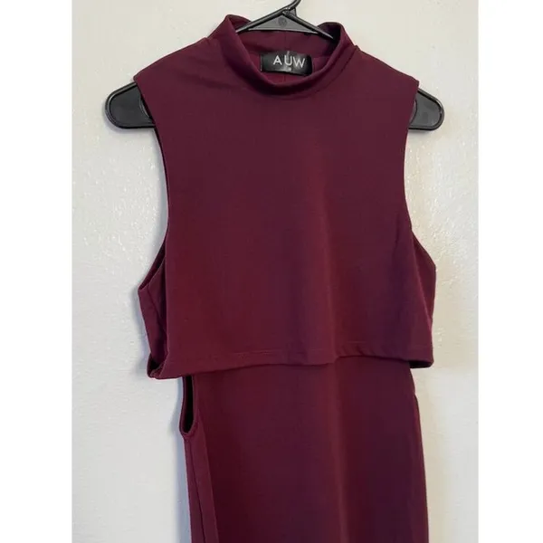 AUW Burgundy High Neck Sleeveless Cutout Side Bodycon Dress Womens Medium Cocktail - Image 4