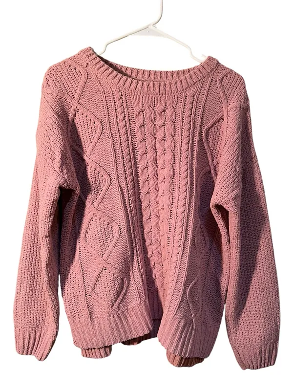 SO Womens Size Large Crewneck Sweater Chenille Light Pink Cable Knit Balloon Slv - Image 2