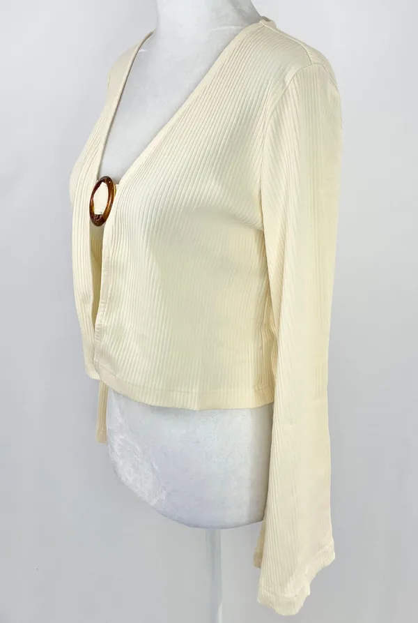 Callahan New Open Front Ring Bell Sleeve Ribbed Vera Top Creme - Image 10