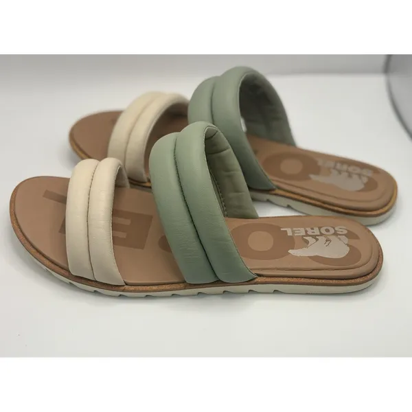 Sorel Roaming Puffy Slide Sandals Sage Green Cream Leather Flat Slip‎ On Women - Image 6