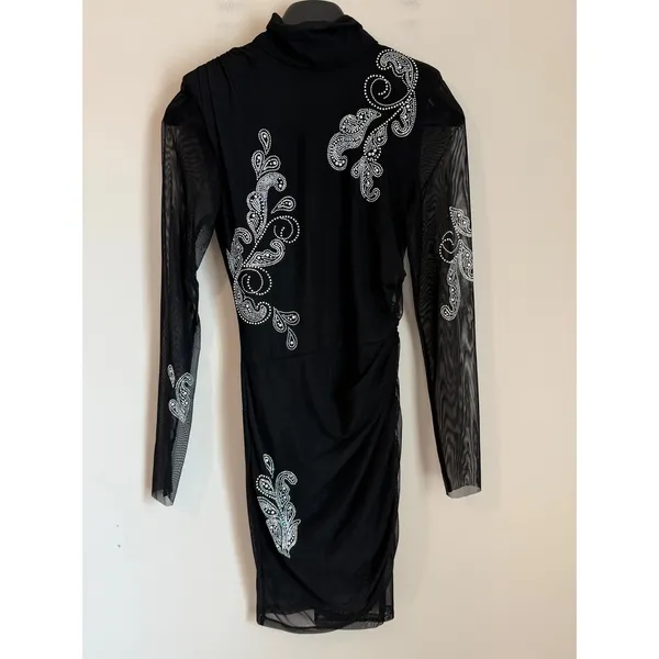Cinq a Sept Studded Dress Womens 4 Black Mesh Mock Neck Ruched Long Sleeve - Image 2