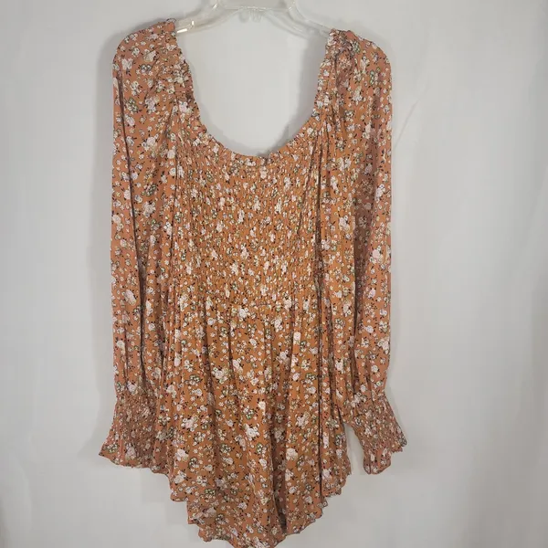 JODIFL Boho Smocked Floral Babydoll Tunic Blouse Orange Rust Ditsy Print Puff L - Image 9