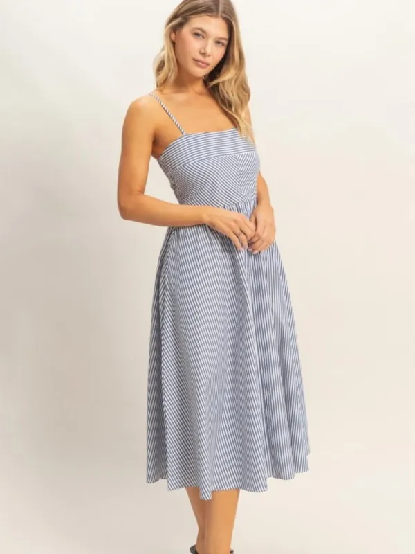 Navy White Striped Midi Dress Spaghetti Strap Size L - Image 2