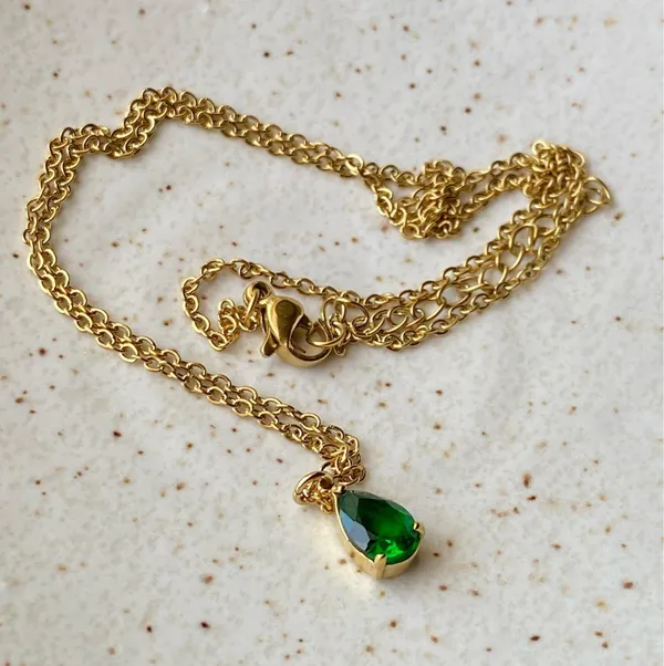 Handmade gold tone stainless steel chain & teardrop shaped green glass crystal chic vintage retro style necklace💚👼 - Image 5
