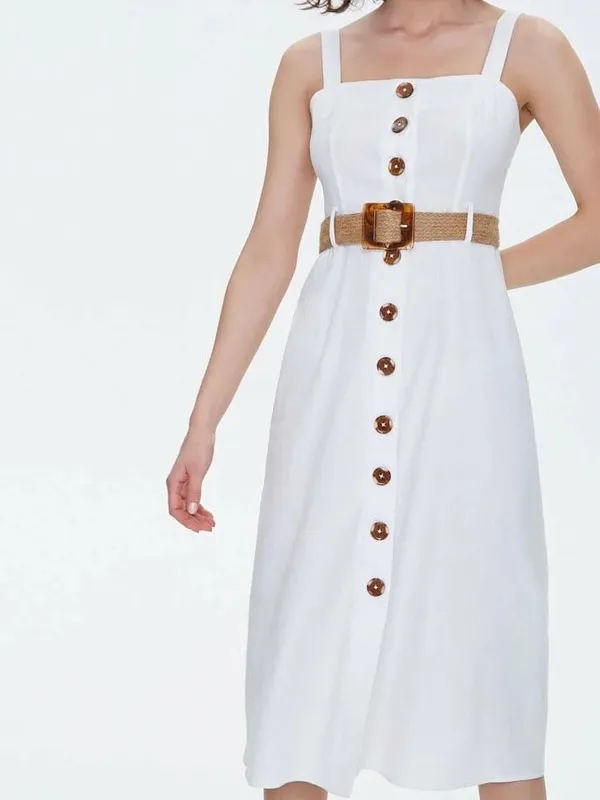 Forever 21 White Linen Blend Button Front Belted Midi Dress Small - Image 2