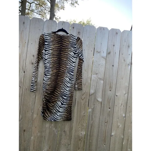 Grecerelle Tiger Print Bodycon Dress Size Small animal‎ long sleeve club summer - Image 7