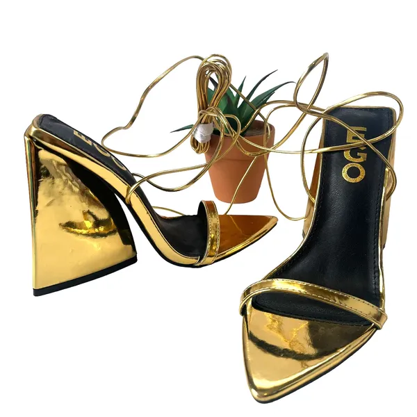 EGO Gold Lace Up Chunky Heel Womens Shoes Sz 5 Y2K Club Glam Metallic Pointed - Image 3