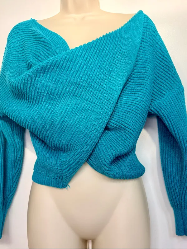 SHEIN Teal Wrap Sweater XS Ribbed Knit Crossover Cropped Long Sleeve US 2 - Image 5