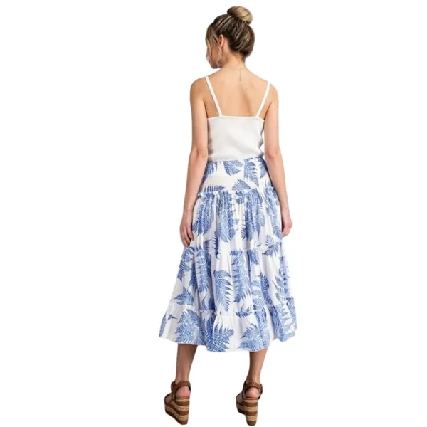 ee:some Blue White Botanical Fern Print Tiered Ruffle Maxi Skirt Dress‎ Smocked - Image 12