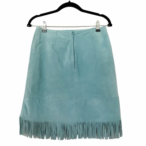 VINTAGE Women's Cuir Zebra Light Blue Fringe Boho Leather Skirt Sz L - Image 4
