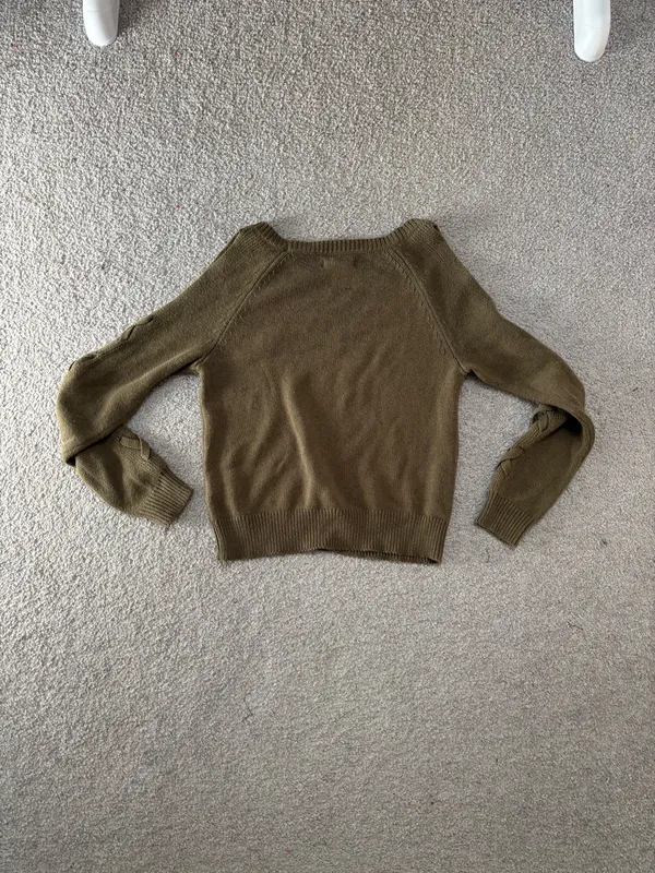 Aeropostale Olive Cold Shoulder Lace-Up Sleeve Crewneck Sweater - Image 7