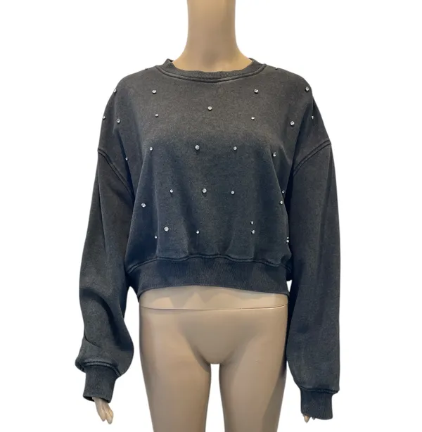 Lazy sundays Rhinestones Acid Wash Gray Cropped Sweatshirt size L - Image 2