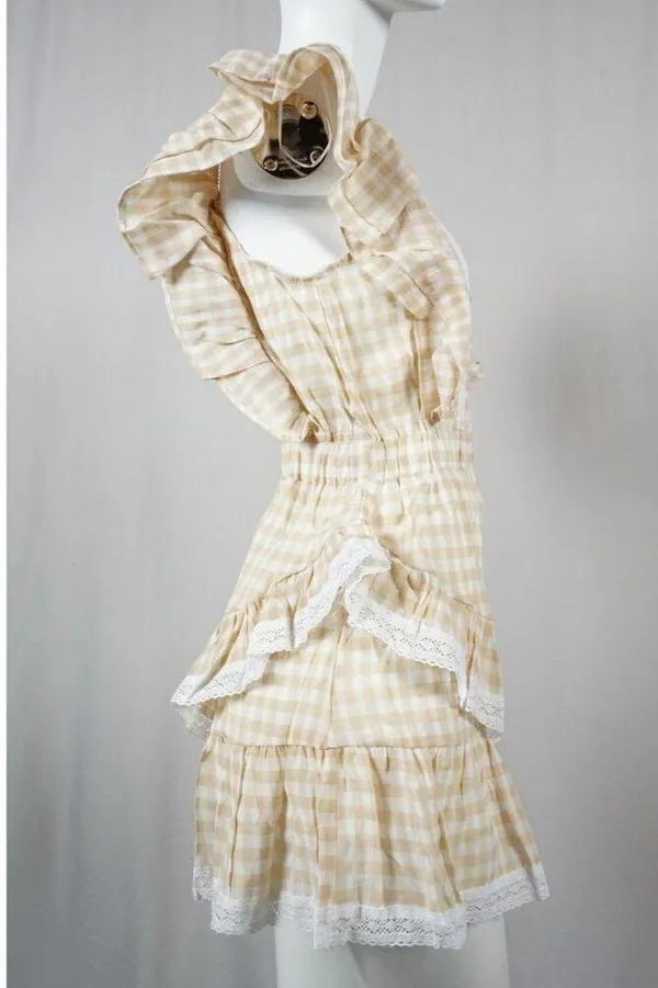 MABLE Gingham Plaid Checkered PeasantRuffle Sleeve Dress Womans Medium - Image 4