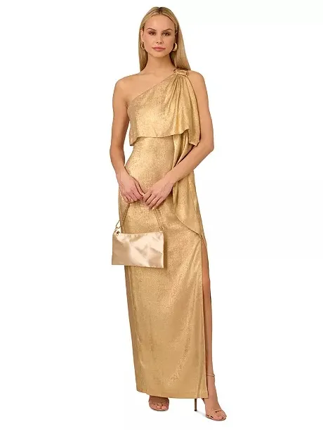 Adrianna Adrianna Papell Gold Metallic Layered One-Shoulder Gown Size 2 - Image 3
