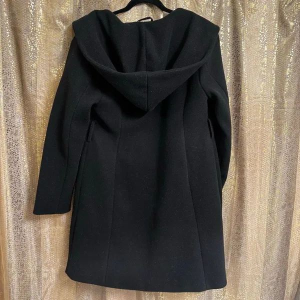 Steve Madden Black Hooded Long Pea-coat Button-Front Coat Small - Image 2