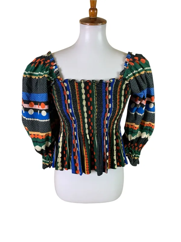 Conditions Apply Medium Multicolor Smocked Peplum Puff Sleeve Boho Blouse - Image 2