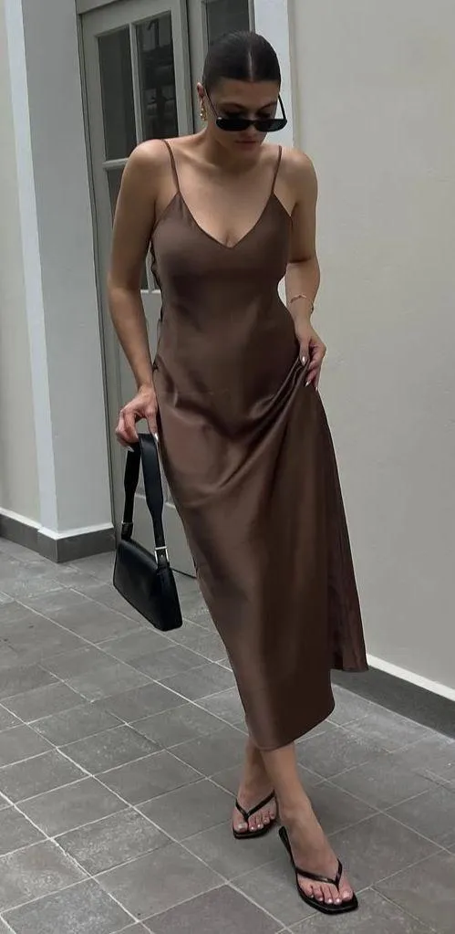 ZARA dress midi maxi satin wedding chocolate brown party cocktail - Image 16