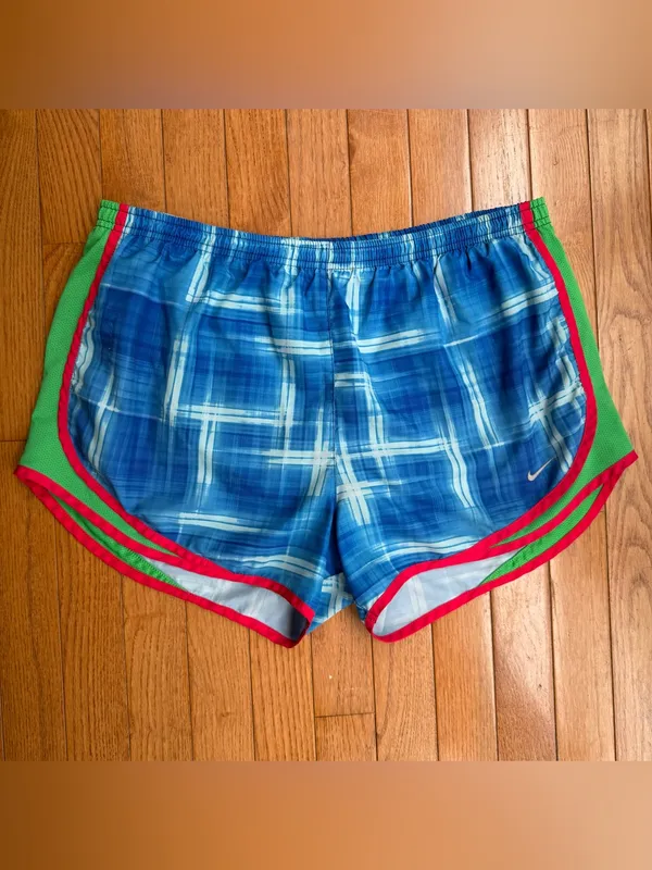 Vintage 2011 Nike Tempo Dri-FIT Running Shorts Blue Plaid Pink Green Large L - Image 8