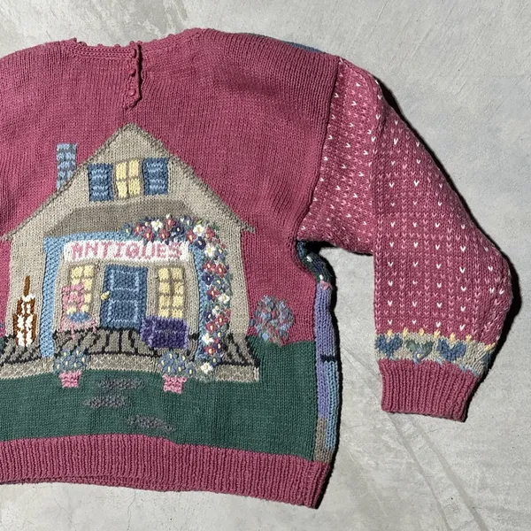 Vintage Hand Knitted Cardigan Sweater SZ L Cottagecore Antiques Farm House Pink - Image 11