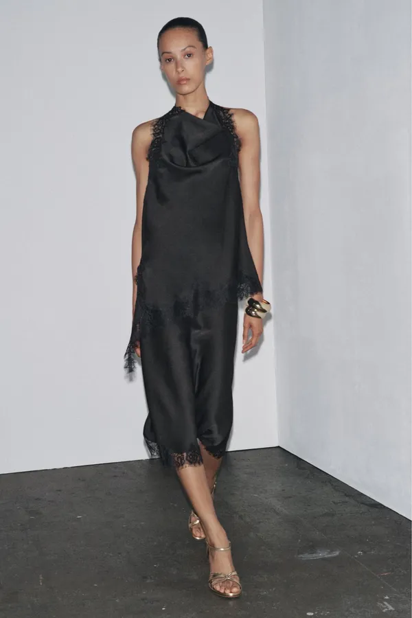Zara elegant Black Satin Lace-Trim Halter Top - Image 10