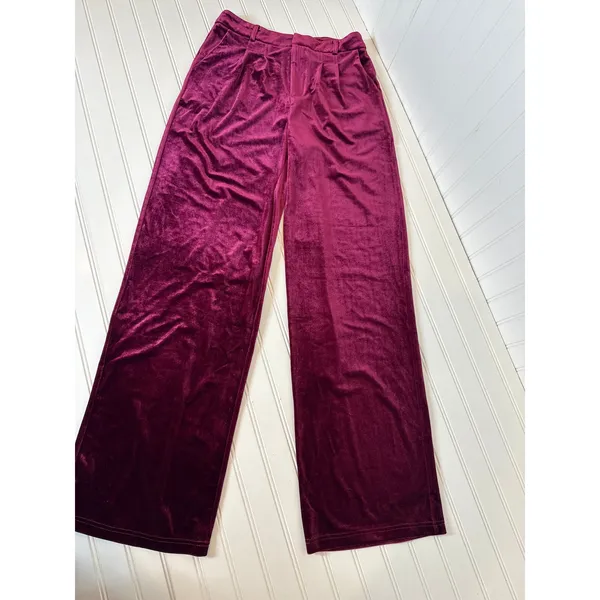 Lulus Chic Splendor Wine Red Velvet Pleated High-Rise Wide-Leg Pants Luxe Size M - Image 2