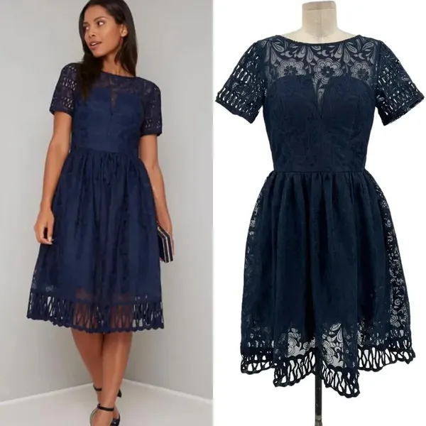 Chi Chi London‎ Sheridan Dress Navy Blue Embroidered Short Sleeve UK 12 US 8 - Image 2