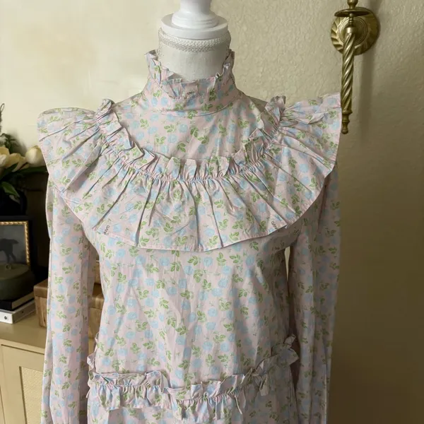 GANNI Ruffled floral-print‎ cotton mini dress Pastel Blue Pink Size 34 - Image 4