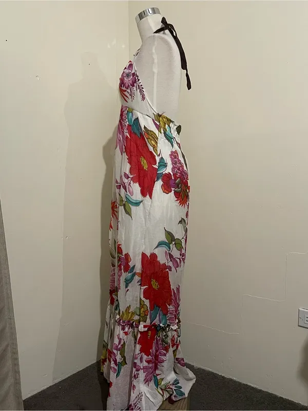Boho Halter Maxi Dress in White with Multicolor Floral - Image 2