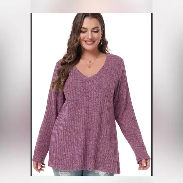 Belaroi plus size, ribbed V-neck, long-sleeve top in a mauve or purple-ish color - Image 3
