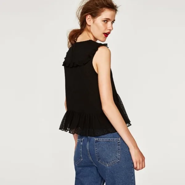 Zara Blouse Embroidered Boho Swiss Dot Sleeveless Ruffle Top Blouse Small‎ Black - Image 6